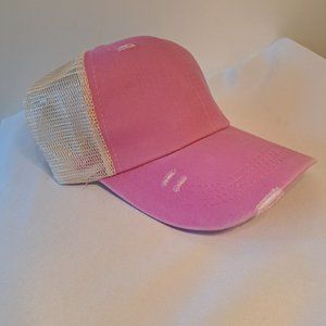 Pink distressed ponytail hat